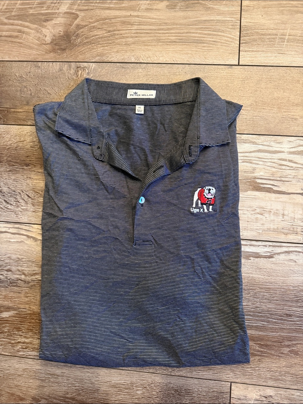 Peter Millar Navy and White Fine-Striped Polo with Bulldog Patch